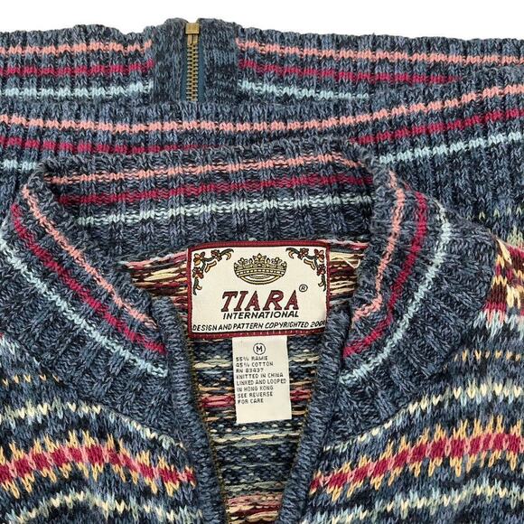Vintage Y2K Tiara Fair Isle Full Zip Sweater High Neck Blue Pink Medium - Picture 7 of 7